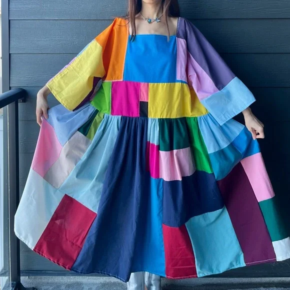 Handmade Quilted Patchwork Colorblock Dress SKU 02263 - Picture 9 of 16